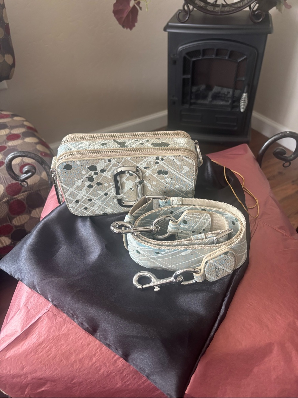 Marc Jacobs Cream Patterned Snapshot Crossbody Bag with Removable Strap